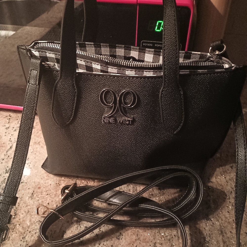 NWOT Nine West Black Satchel with Textured Leather and Detachable Strap